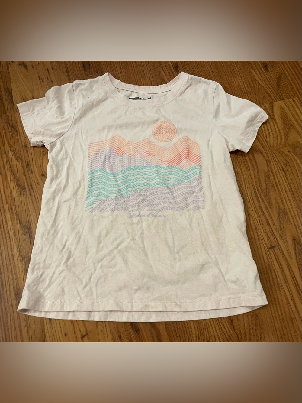 Eddie Bauer White Short Sleeve Tee with Pastel Mountain Graphic
